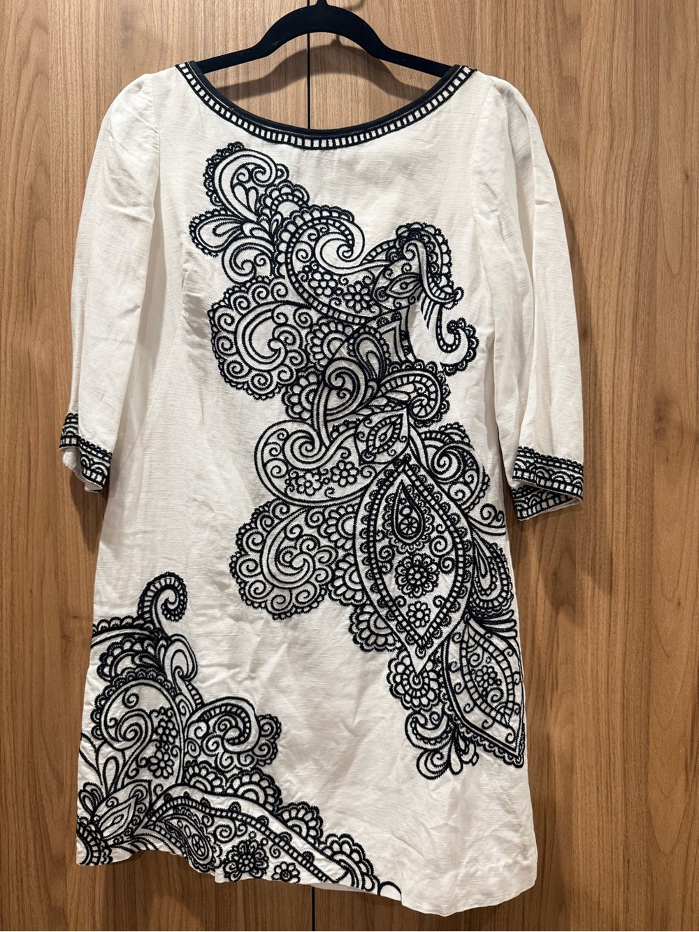 Nanette Lepore White Linen Dress with Black Embroidered Detail